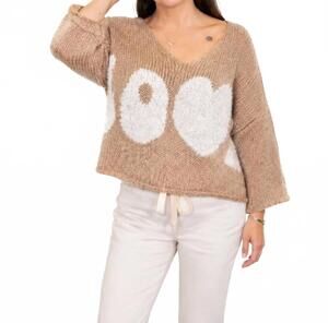 NEW MICA women's oversized v neck love sweater in ecru